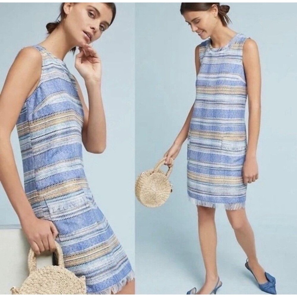 Anthro Akemi + Kin Womens Sz 8 Blue Striped Tweed Sleeveless Shift Dress Coastal